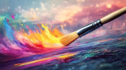 Fototapeta premium A paintbrush releasing a kaleidoscope of vibrant colors that flow into a dreamlike, fantastical landscape, symbolizing the creation of an imaginative world 