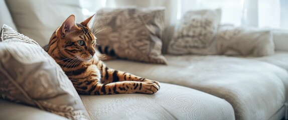 Relaxing bengal cat on cozy elegant sofa AI