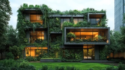 Modern building covered in lush greenery, blending nature and design.