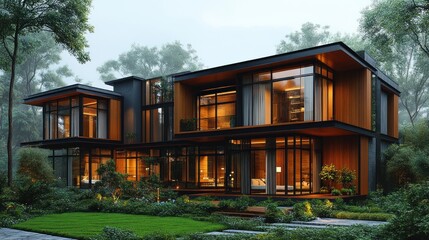 Modern architectural design featuring a spacious, illuminated home.