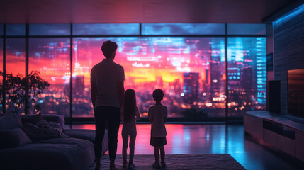 Obraz premium family enjoying futuristic view from their smart home, filled with vibrant colors.