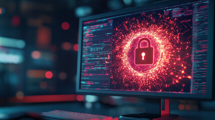 A vibrant computer monitor displays glowing padlock symbol, representing cybersecurity.