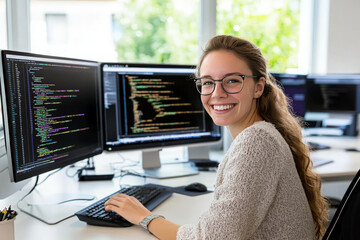 A smiling young woman with glasses sits at her desk in front of two computer monitors, working on code.