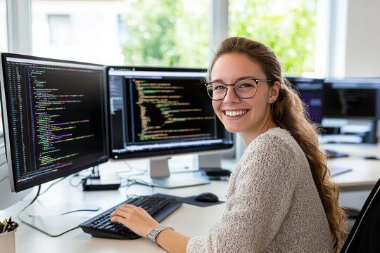 A smiling young woman with glasses sits at her desk in front of two computer monitors, working on code.