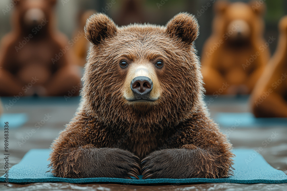 Wall mural A bear taking a yoga class, stretching on a mat in a studio, demonstrating a fitness routine. Concept of exercise.