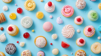 Fototapeta premium Vibrant arrangement of desserts showcases assorted pastries, inviting sweet enthusiasts to indulge
