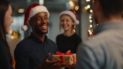 person with christmas gift, black man giving Christmas gift to collegue, christmas day celebration 