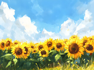 Obraz premium A sunflower field under a bright, sunny sky.