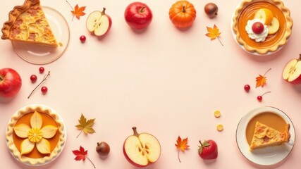Festive autumn harvest dessert spread with pumpkin and apple pies, decorative leaves, and seasonal fruits on thanksgiving day celebration concept