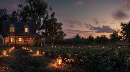 A rustic house with a porch lit by lanterns sits in a field at dusk. The sky is a soft pink and purple, and the trees are silhouetted against the horizon.