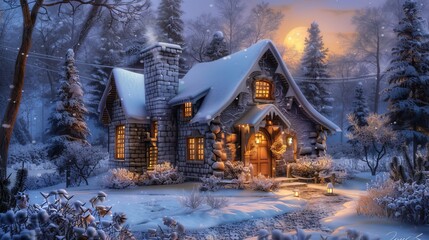 A cozy stone cottage sits nestled in a snowy forest, illuminated by warm lights and a full moon.