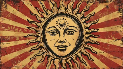 Vintage Illustration of a Humanized Sun with a Third Eye