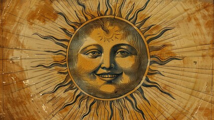 Vintage Illustration of a Humanized Sun with a Smiling Face
