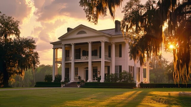 A grand, white antebellum mansion with columns stands on a grassy lawn under a warm sunset sky.