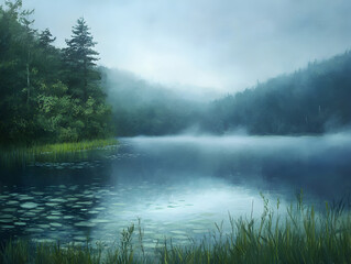 Fototapeta premium Early morning mist over a peaceful lake.