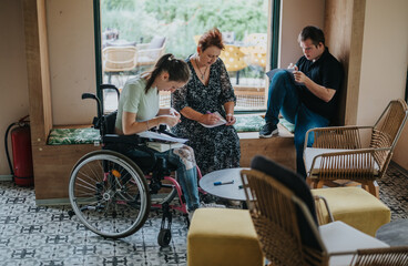 Young adults engaged in a study session, featuring a wheelchair user, in a comfortable indoor...