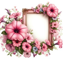  Pink petunia flowers and a frame in a floral border isolated on white