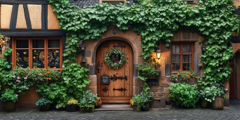 A charming cottage with a wooden door adorned with a wreath, surrounded by lush greenery, creating a picturesque and inviting entrance