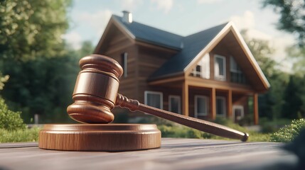 A gavel placed in front of a house, symbolizing a real estate auction, property law, or legal rulings related to home ownership.