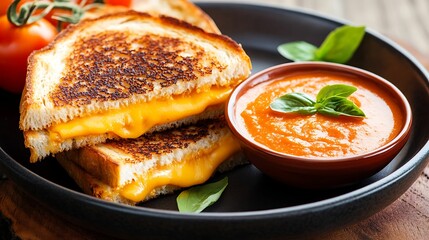 A crispy grilled cheese sandwich with melted cheddar, served alongside a bowl of tomato soup garnished with fresh basil leaves.