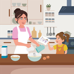 Daughter shows her drawing to her mother in the kitchen. Vector illustration. 