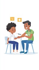 Obraz premium A cheerful child is receiving a vaccination from a smiling healthcare worker in a bright clinic