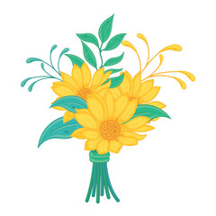 Bright sunflower bouquet with green leaves arrangement Vector