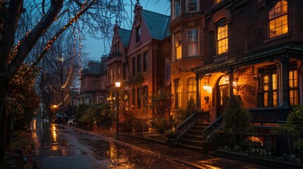 A quiet street lined with cozy homes glows with warm light after a rain shower. The streetlights cast a soft glow on the wet pavement, creating a charming atmosphere.