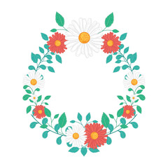 Floral wreath with red and white daisy flowers and leaves Vector