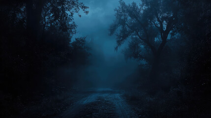 A dark forest with a road in the middle