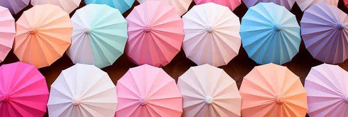 Colorful pastel umbrellas arranged in a vibrant display for decorative purposes at an outdoor event