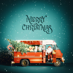 Red truck with Santa Claus and Christmas symbols on blue background. Christmas banner design with...