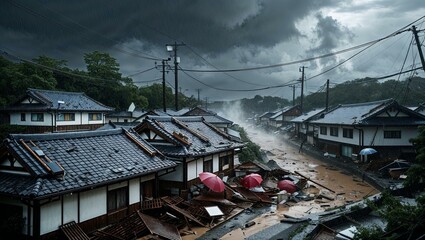 豪雨災害で倒壊した日本家屋/イラスト