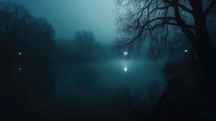 Fototapeta premium A dark forest with a lake and trees