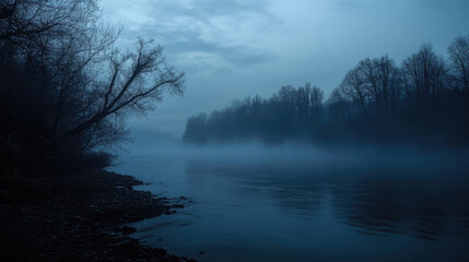 Fototapeta premium A foggy night with a river and trees in the background