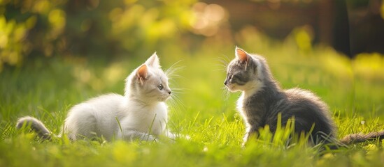 Spring Cute White And Gray Cats On The Green Grass