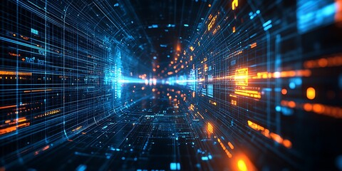 Fototapeta premium Futuristic digital tunnel with glowing data streams.