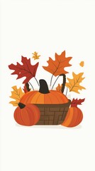 Festive autumn basket with pumpkins and vibrant fall leaves celebrating thanksgiving day concept