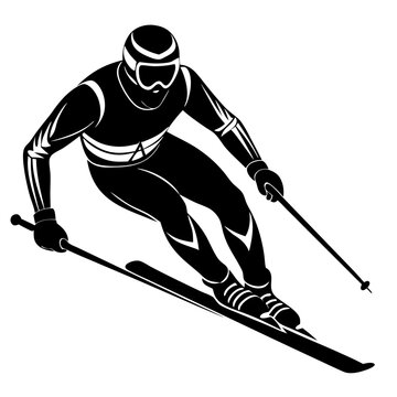 recommend clip art: Downhill Racer Silhouette:  A stylized black and white vector illustration of a downhill skier in motion.  