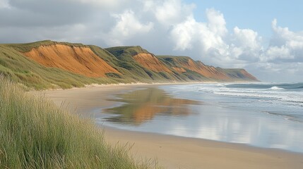 Obraz premium A coastal landscape featuring a sandy beach with rolling waves and a line of grassy dunes with red sand cliffs in the background, under a bright sky with white clouds