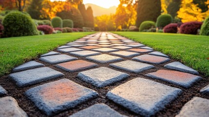 Fototapeta premium A cobblestone path leading through a manicured garden, bathed in the warm glow of the setting sun