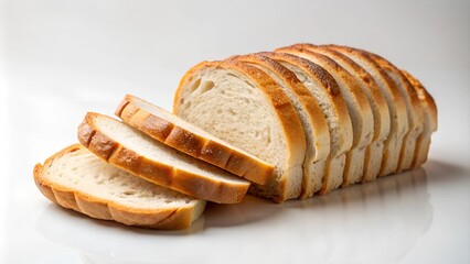 A stack of freshly sliced bread on a pristine white background