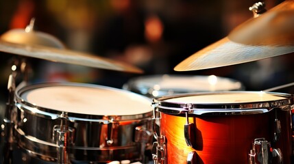 Naklejka premium Drum set close-up showing vibrant colors and intricate details during a live music performance