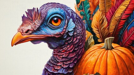 Fototapeta premium A detailed close-up of turkey artwork showcasing vivid colorful feathers and pumpkins, artistically painted on a white canvas