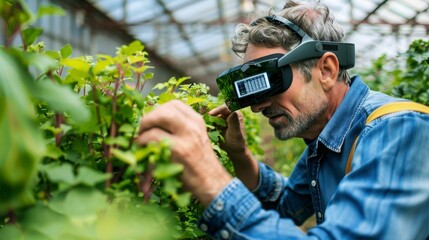 A man wearing a VR headset carefully examines a plant in a greenhouse. He uses technology to optimize his farming practices.