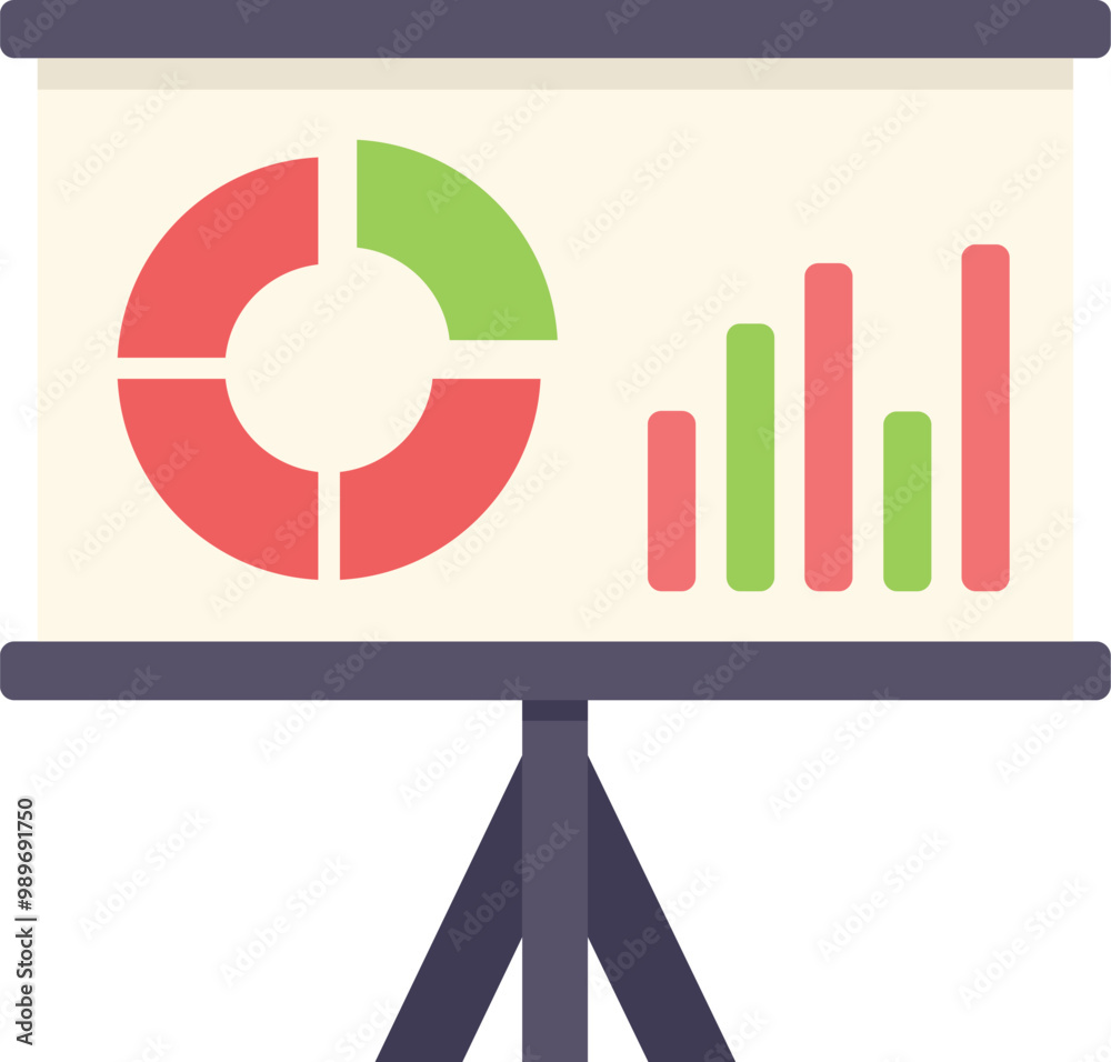 Poster presentation board is displaying a pie chart and a bar graph, representing data analysis for busines