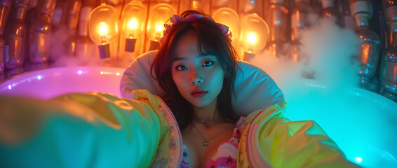 Cinematic shot of an exotic Asian woman looking at the camera. Exotic background.