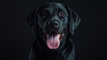 Fototapeta premium A close-up portrait of a black Labrador retriever against a dark background. The dog has a joyful expression, showcasing its friendly nature and glossy fur. Ideal for pet lovers. AI