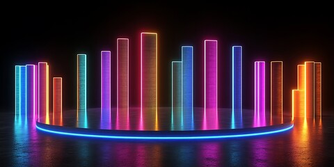 Obraz premium Colorful neon bars on a circular stage in a dark setting.