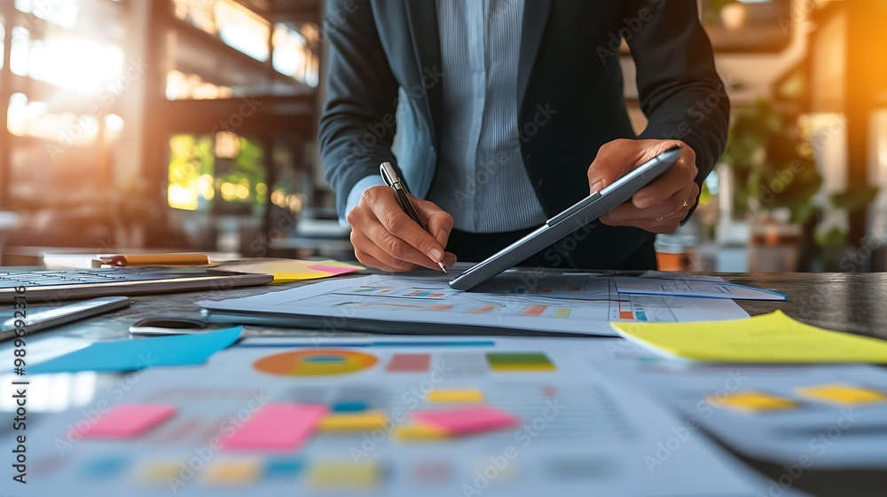 Poster Manager Organizing Paper Files While Using Tablet to Check Notes